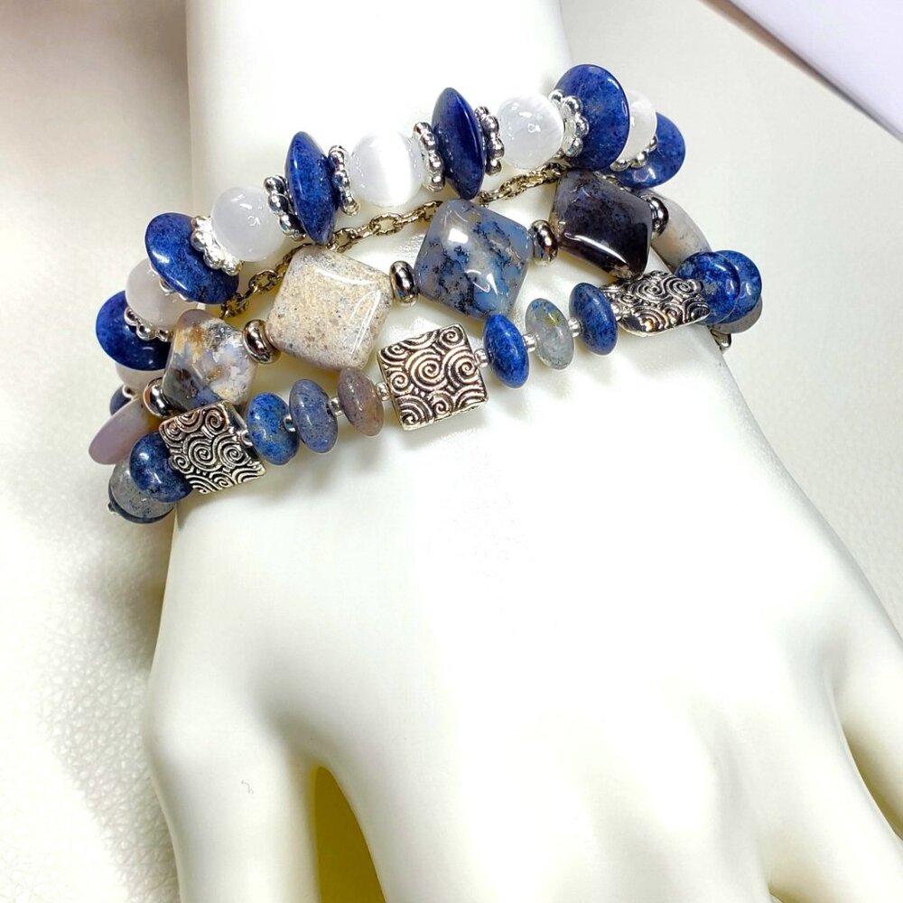 Three Layer Blue Gemstone Bracelet Statement Clus… - image 4
